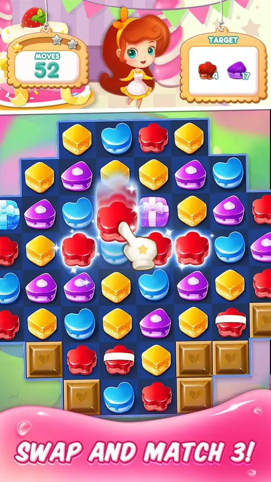 Spielszene aus Cake Match 3 Mania mit Zutaten auf dem Brett